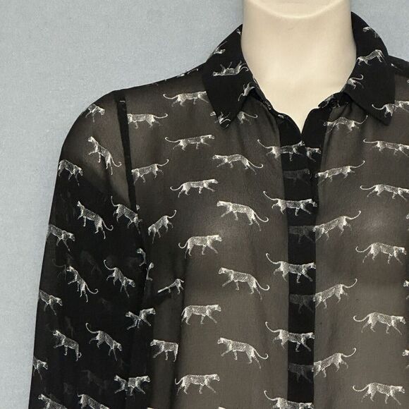 Lane Bryant Women Top Plus 14 Black Sheer Cheetah Leopard Classic Retro Office - Picture 2 of 15